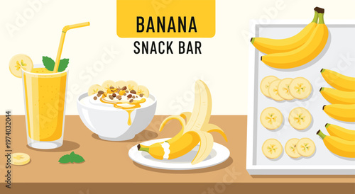 Assortment of banana snack items including a refreshing smoothie, yogurt bowl with toppings, peeled and sliced bananas, presented attractively on wooden table.