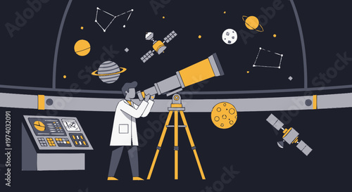 Astronomer Observing Celestial Objects Through a Powerful Telescope.