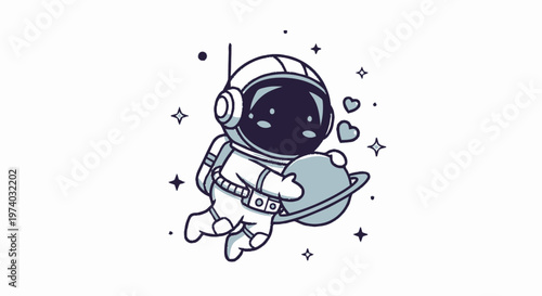 Astronaut Hugging Planet in Space with Hearts and Stars.