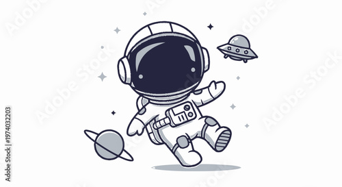 Cartoon Astronaut Floating in Space Near Planet and Spaceship.