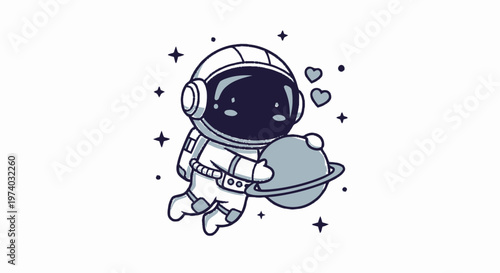Adorable Astronaut Floating in Space Holding a Planet with Love Hearts.