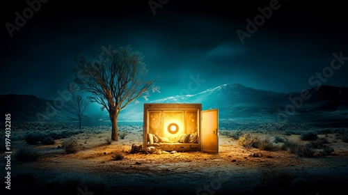 Solitary Illuminated Container in Vast Desert Landscape at Night
