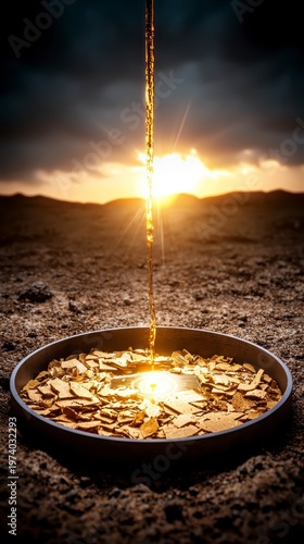 Liquid Gold Pouring into Basin on Desert Horizon - Wealth and Abundance Concept