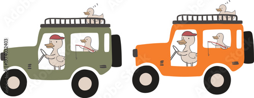 Cute ducks driving a safari off-road jeep in a playful nursery adventure vector illustration set