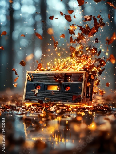 Retro Cassette Tape Ignites with Golden Autumn Leaves and Luminous Sparks in Forest