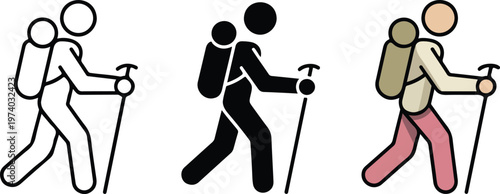 Minimalist vector icon set featuring creative design tools including a fountain pen, graphite pencil, and digital stylus in outline, solid dark gray, and flat blue color styles.