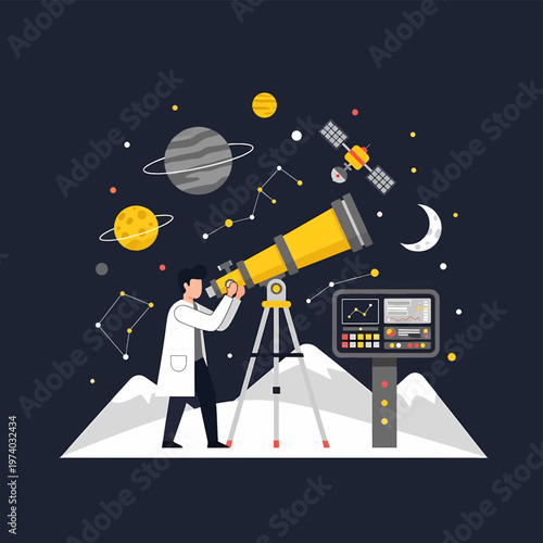 Astronomer Observing the Cosmos Through a Powerful Telescope in Space.