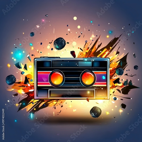 Vibrant Retro Cassette Tape Explosion Abstract Digital Art