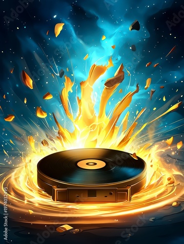 Dynamic Vinyl Record Player with Golden Energy Burst Illustration