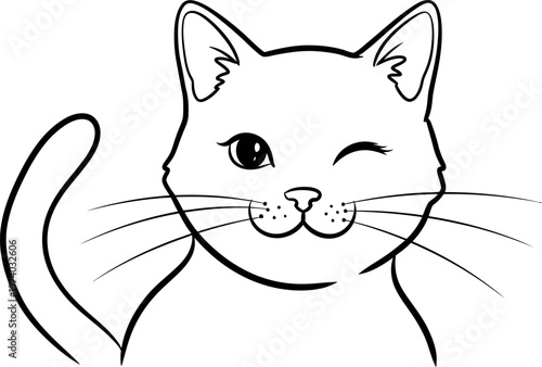 Black and white illustration of a winking cats face