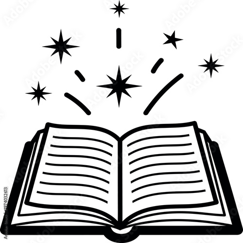 An open book with magic stars and sparkles coming out of it