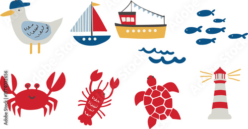 Nursery nautical set with sea animals, boats and lighthouse in a playful hand-drawn doodle vector style.