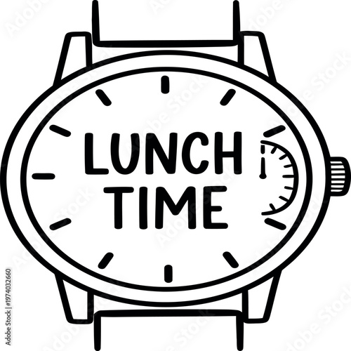 A black and white illustration of a watch with lunch time written on the face