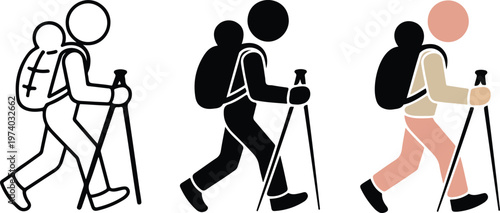 Minimalist vector icon set featuring creative design tools including a fountain pen, graphite pencil, and digital stylus in outline, solid dark gray, and flat blue color styles.