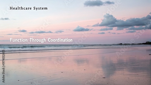 Serene Beach Landscape at Sunset with Calm Waters and Soft Clouds for Healthcare System Coordination Theme