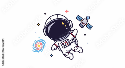 Cartoon Astronaut Floating in Space Near Galaxy and Satellite.
