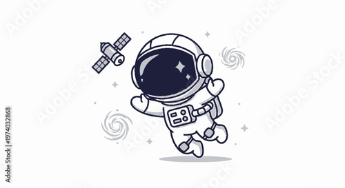 Cartoon Astronaut Floating in Space Near Satellite and Galaxies.