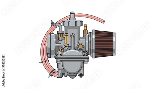 Detailed vector illustration of an engine carburetor, displaying its air intake filter and fuel lines. This mechanical component is vital for efficient fuel-air mixture in power systems