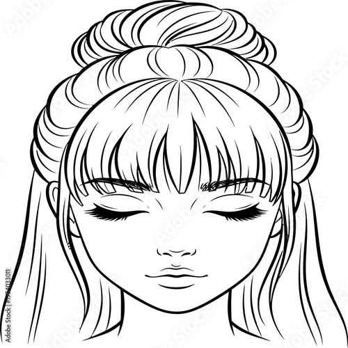 A woman with her eyes closed and hair in a bun and bangs looking down