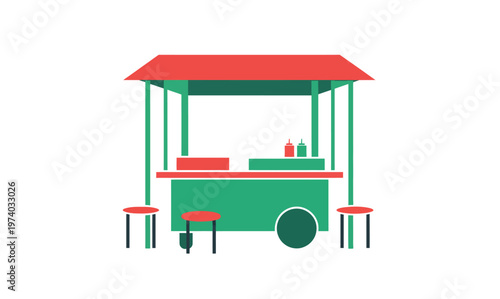 Street food kiosk with red roof and two stools, featuring condiments and a cart wheel, perfect for casual dining and quick bites