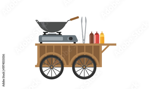 Food cart with a wok on a stove and condiments, perfect for street food vendors and culinary ventures