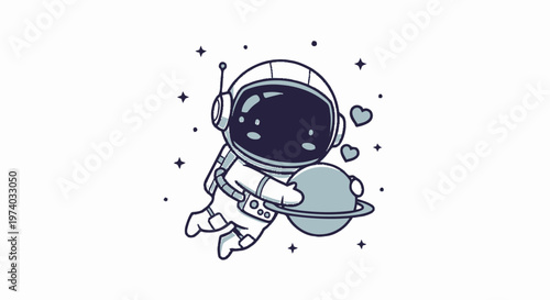 Astronaut in Space Holding a Planet with Hearts Floating Around.