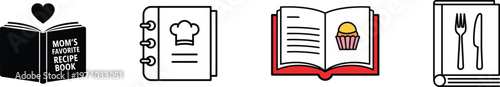 Collection of four icons related to cooking and recipe books