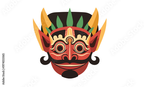 Vibrant vector illustration of a traditional cultural mask, depicting an ancient mythological character or deity with intricate details, rich colors, and an expressive artistic design