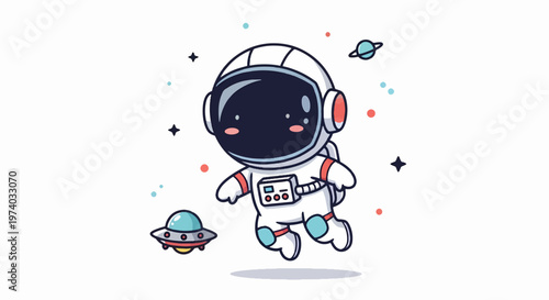 Cartoon Astronaut Floating in Space Near Planets and Stars.
