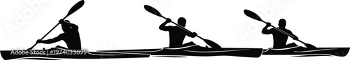 Black and white vector silhouette set of three kayakers paddling on water showing athletes in motion during a competitive rowing race or outdoor recreation.