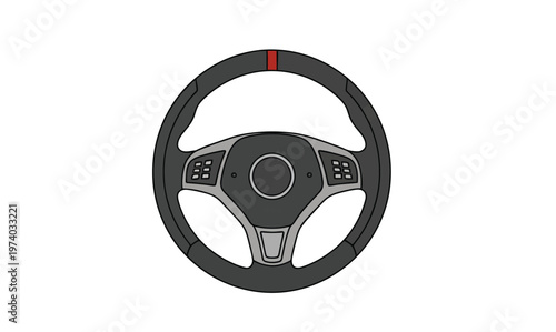 Close-up view of a modern car steering wheel with a red accent marking at the top, illustrating automotive control and design