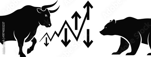 Black silhouette vector illustration of bull and bear stock market symbols with financial graph and up down arrows representing trade market volatility trends.