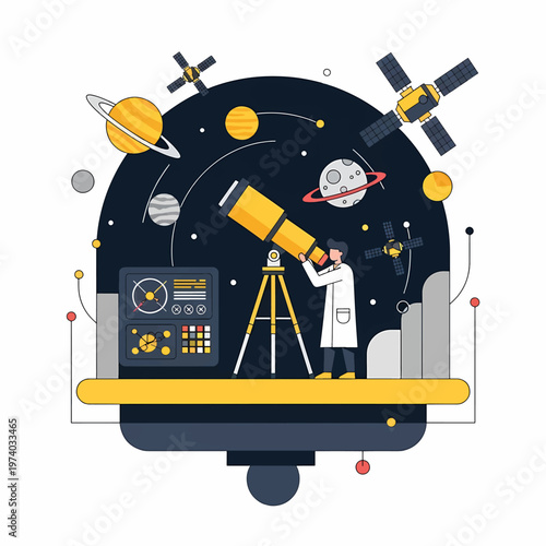 Astronomer Observing Celestial Objects Through a Powerful Telescope in Space.