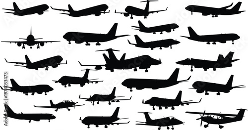 Comprehensive black and white vector silhouette set featuring various airplanes including commercial jets, private planes, fighter jets, and small propeller aircraft for aviation design.
