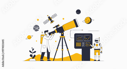 Astronomer Observing the Cosmos Through a Powerful Telescope with Equipment.