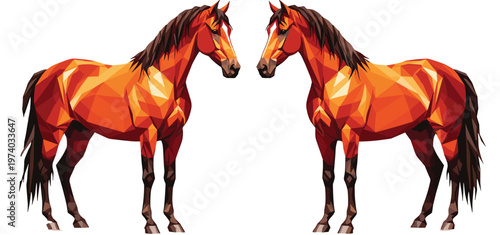 High quality low poly geometric vector illustration of two orange bay horses standing together featuring colorful triangular facets and modern artistic style on white.