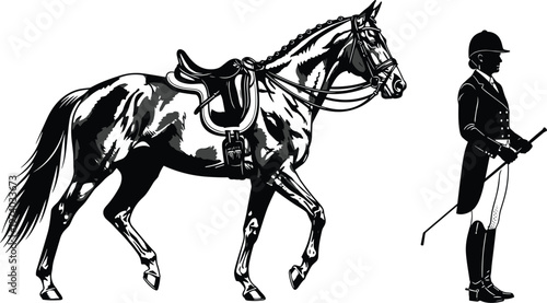 Highly detailed black and white vector silhouette of a saddled dressage horse walking beside a female equestrian rider in formal competition gear and helmet.