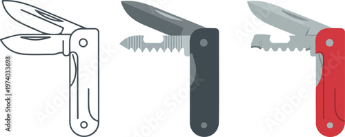 Minimalist vector icon set featuring pocket multi-tools and Swiss-style army knives in outline, solid dark gray, and flat red color styles for outdoor, camping, and utility branding.