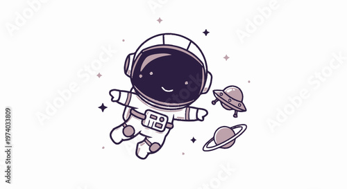 Adorable Astronaut Floating in Space with Planets and UFOs.