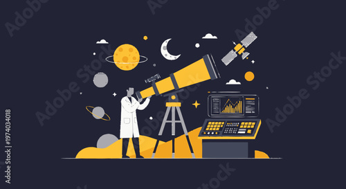 Astronomer Observing Celestial Objects Through Large Telescope in Space.