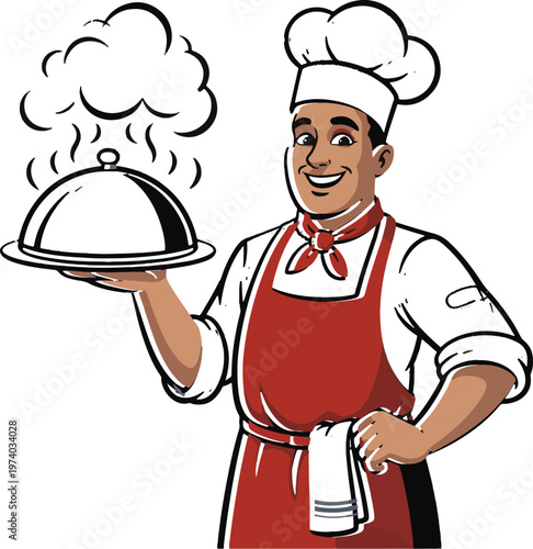 A cheerful cook holding a frying pan with breakfast food Vector