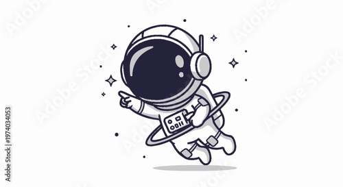 Cartoon Astronaut Floating in Space Pointing Towards the Stars.