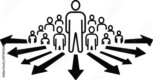 Group of people icons with arrows pointing outwards in all directions