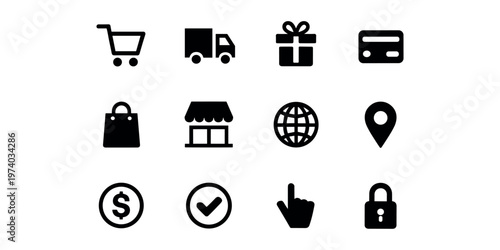 Black ecommerce shopping cart truck gift credit card shopping bag store globe map pin dollar sign checkmark hand cursor lock