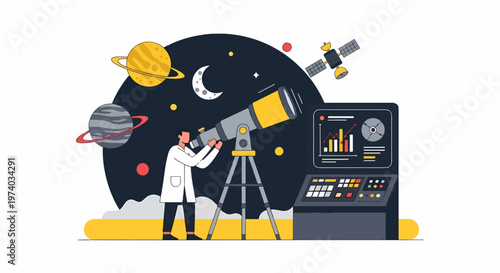 Astronomer Observing Celestial Bodies Through Telescope in Space.