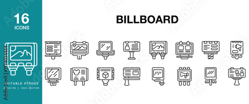 Billboard icon set. Includes billboard, advertising, advertisement, signage, outdoor and More. Editable Stroke Icon Collection.