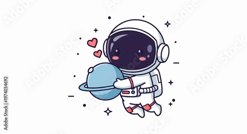 Adorable Astronaut Holding Planet with Hearts in Space Illustration.