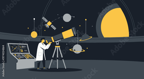 Astronomer Observing Celestial Objects with Telescope in Observatory.