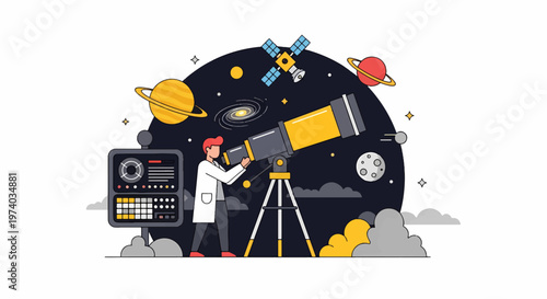 Astronomer Observing the Cosmos with Telescope and Celestial Objects.