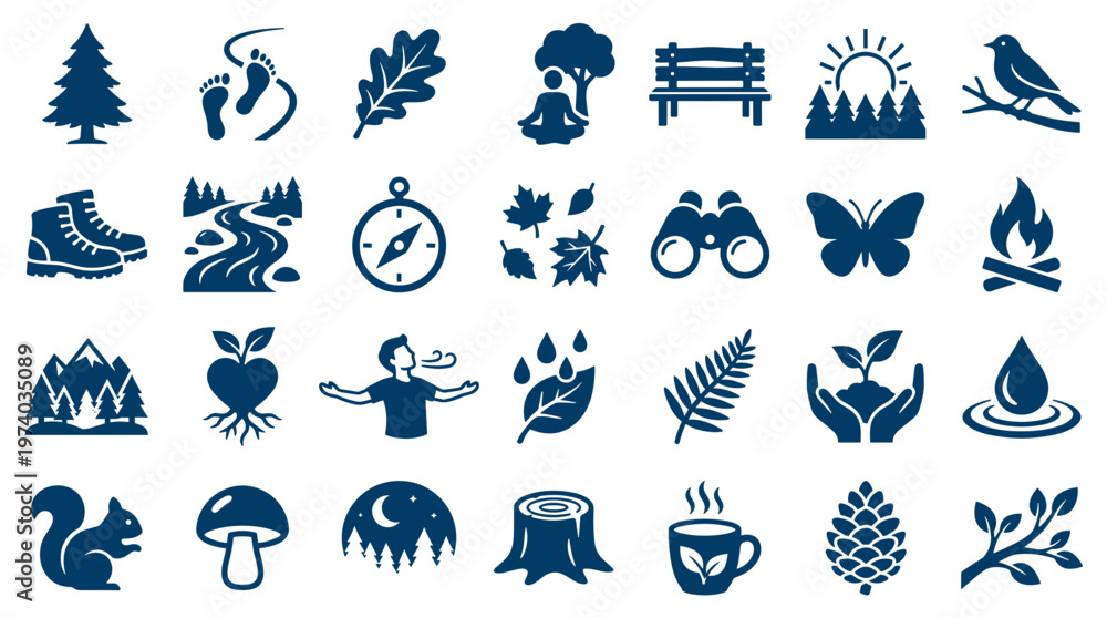 Fototapeta premium Nature and outdoor recreation icons set representing hiking camping and environmental themes with natural elements and activities